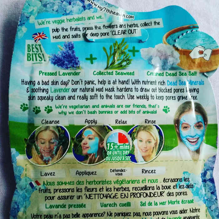 The instructions on the reverse of the 7th Heaven Dead Sea Mud Face Mask packaging.
