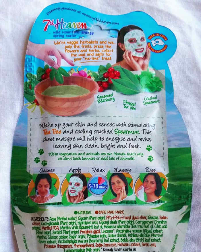The instructions on the reverse of the 7th Heaven Tea Tree Sheet Face Mask.