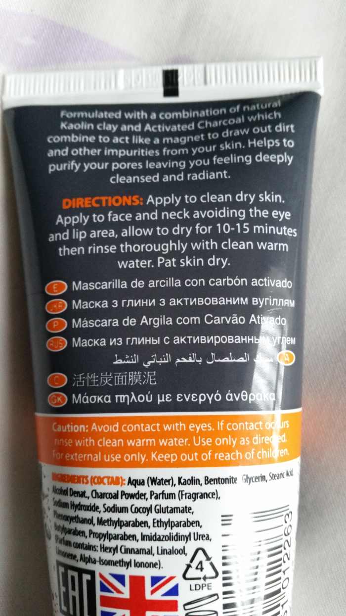 The instructions on the reverse of the Beauty Formulas Activated Charcoal Clay Mask packaging.