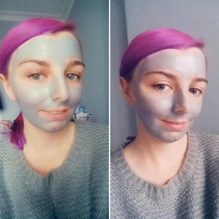 The Beauty Formulas Activated Charcoal Clay Mask in use on my face as it dried.