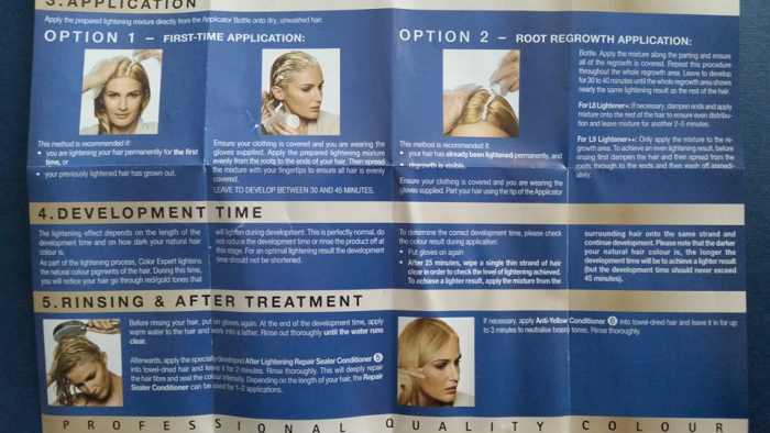 The instructions that came with the Schwarzkopf Hair Color Expert Omegaplex Dye, Lightener L9 Plus