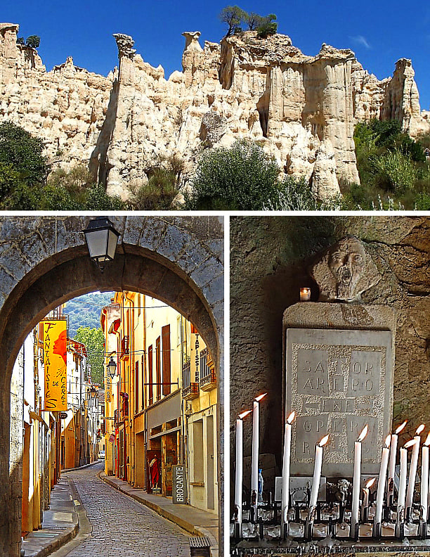 Top: The ethereal rock formations at Orgues d'Ille-sur-Tet. Bottom left: Ceret boasts a labyrinth of lovely quiet streets. Bottom right: An altar inside the cave chapel Saint Antoine de Galamus.