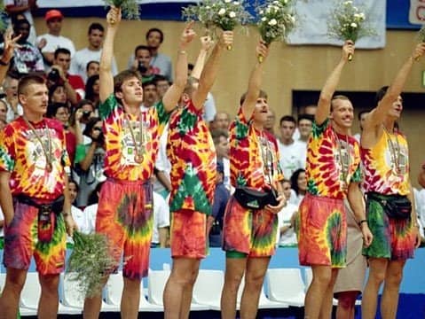 Bronze winners at the 1992 Olympics, the Lithuanian basketball team accept their medals wearing Grateful Dead tie-dyes.