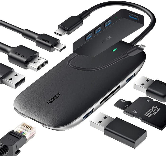 Aukey Link PD Pro Hub (bottom) - USB-C to 4 Port USB 3.0 Hub (top) *Devices not to scale