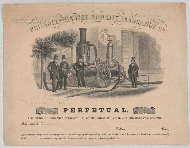 Philadelphia fire and life insurance co. Perpetual, engraved by J. McGoffin at 84 Chestnut St. While not the steam engine that was the cause of the accident, this likeness shows the kind of engine that was around in the time period.