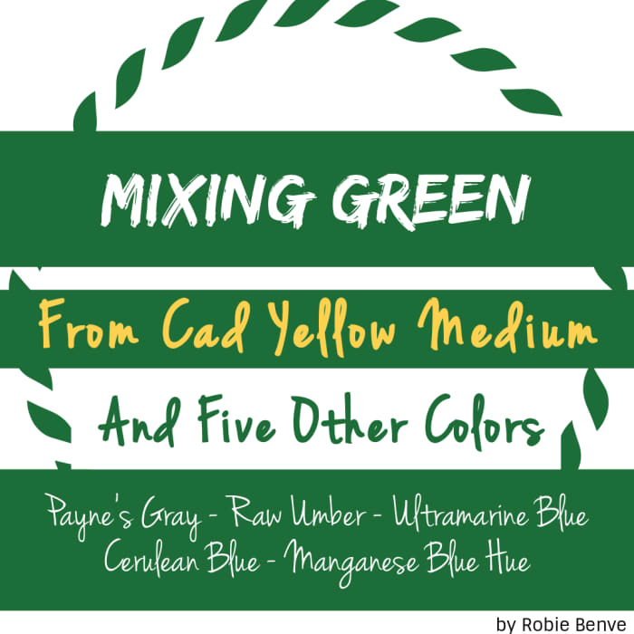 Five examples of how to mix green from Cad Yellow Medium Pure combined with Payne’s Gray, Raw Umber, Ultramarine Blue, Cerulean Blue, and Manganese Blue Hue.