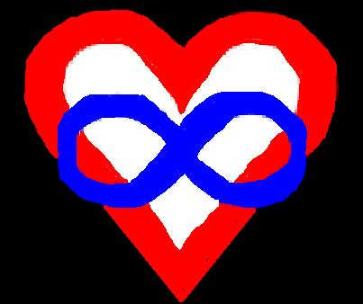 Polyamory Symbol - A blue [loyalty & honesty] infinity symbol superimposed over a red heart on a black [solidarity] background