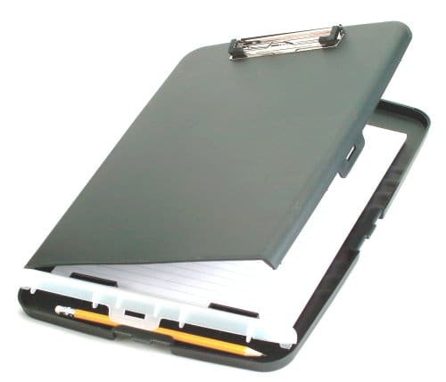 When open, this clipboard holds papers, brochures, or maps.