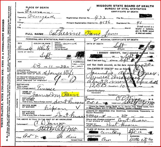 An example of surname variation in historical records. Note the highlighted names are variants of the same surname, which in this case is misspelled both times -- it should be "Payne" (per the author's research -- some info covered for privacy.)