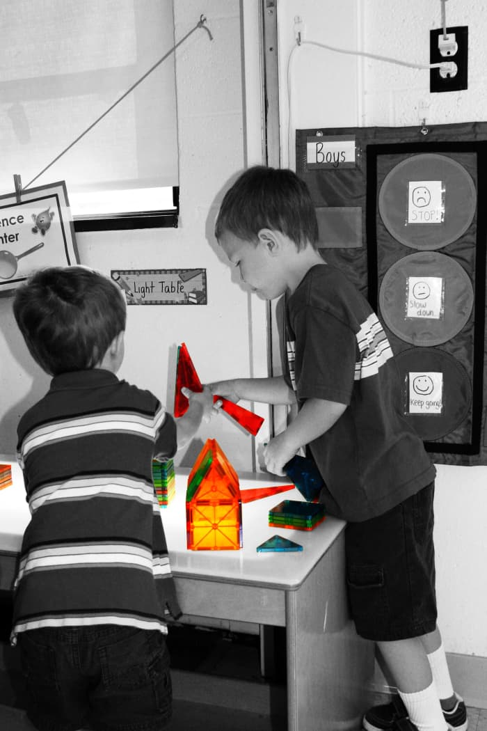 This center has many uses: the blocks develop spatial skills (pre-math), fine motor skills, and encourage social interaction.