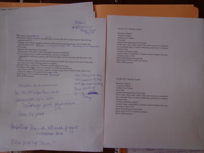 The agenda. On the right hand side is a simplified agenda that is given to parents. On the left hand side is the PTA president's more in depth notes with the agenda.
