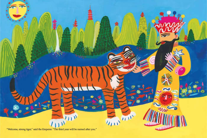 2-page spread from The Great Race by Christopher Corr. These large colorful pictures are ideal for sharing with a group.