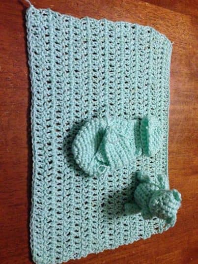 I made these items for Jenni to be cremated with. A sleep sack and hat for her to wear, a blanket and bear. It was my final act of love. I will never change her diaper or dress her, but I was able to give her something to be cremated in.