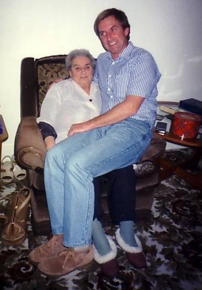One of my favourite photos, which always makes me smile, shows my grandma, who was approaching 80 by this time, with my older brother Eric. He was fooling about after grandma said he would 'always her her little grandson' no matter how old he was!
