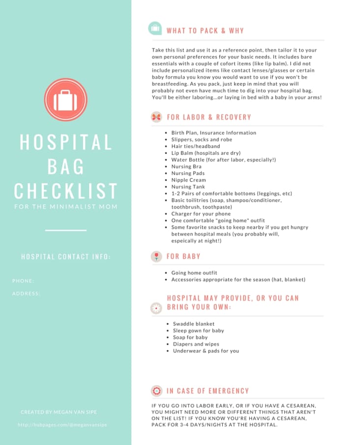 Hospital Bag Checklist for the Minimalist Mom. Print this checklist and be sure to pack your bag by 36 weeks at the latest!