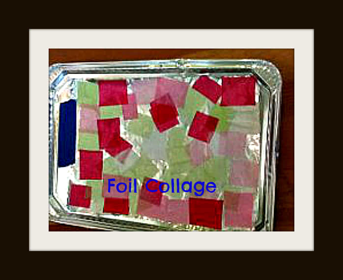 Foil collage shines and sparkles! This one was made by a preschooler with tissue paper squares and glue.