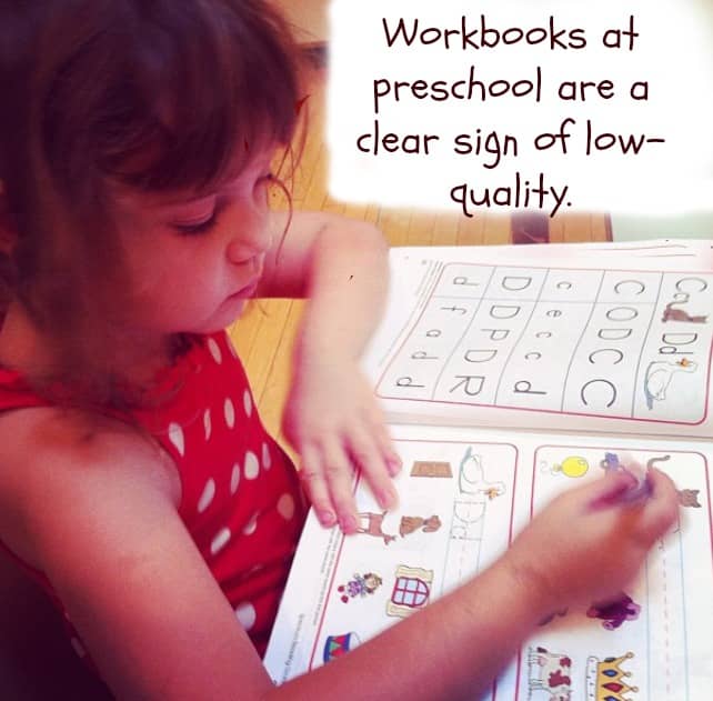 Preschoolers shouldn't be doing paper-pencil work. They should be doing activities that promote fine motor skills and dexterity: molding clay, stringing beads, and doing puzzles.