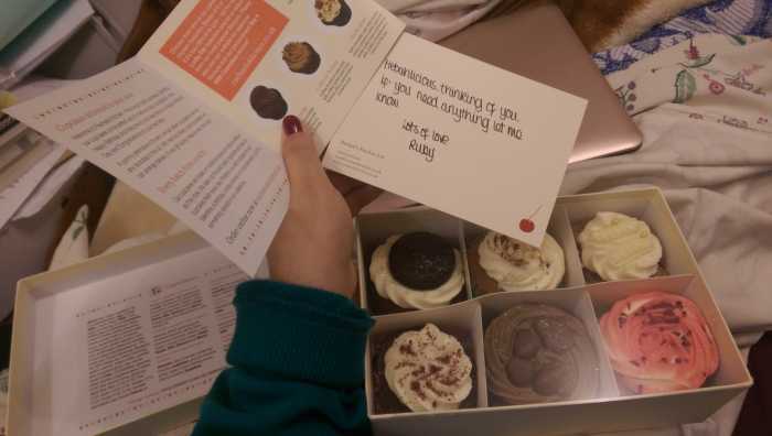 A care package including cupcakes, turban and organic toiletries, sent from a friend of mine to mum to prepare her for chemotherapy.