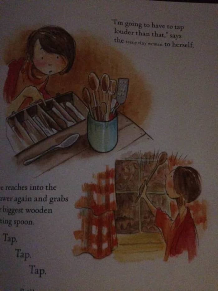 How should the teeny tiny woman attract attention after her house is buried by the leaves?