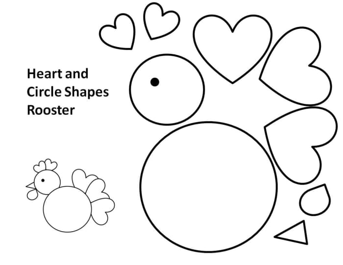 Printable template for rooster made from circles, hearts, and triangle. You can cut the shapes from colored paper or felt.