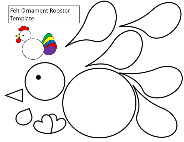 Here is the circles and teardrop rooster template. I've put all the tail feathers separate so that you can cut each out of a different color piece of paper or felt.