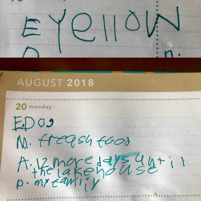 One of my daughter's newest words is "yellow," which is why she was so proud to write it herself in our thankful book. My son had more to share and was able to write down what everyone was thankful for.