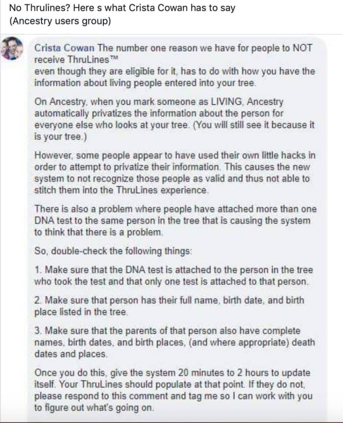 Here are hints given in the Ancestry user group on troubleshooting if you aren't finding Thrulines on your DNA results.