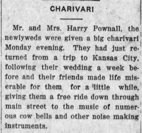 One clipping about my ancestor mentioned a charivari. That piqued my curiosity. Seaching on that word, I found a number of articles that clarified what this old-fashioned wedding activity was.