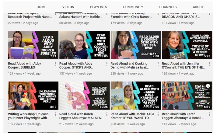 Sample screen for the Authors Everywhere website which features authors reading their works and sometimes demonstrating activities to go with them.