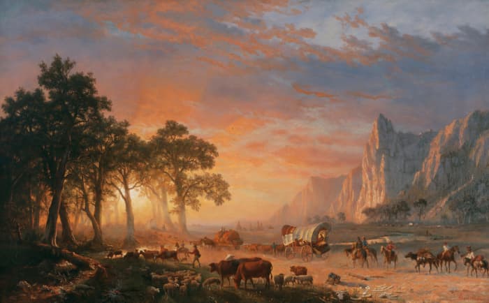 The painting "Emigrants Crossing the Plains" by Albert Bierstadt. Many families moved to new places in wagon trains like the one depicted here.