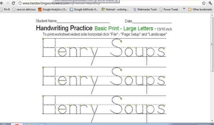 (Screenshot) Use sites like this to create personalized handwriting sheets for your preschooler. (handwritingworksheets.com)