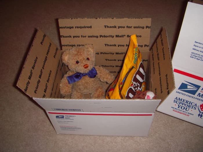 Stuffed friends from home, particularly when accompanied by candy, make a nice care package.