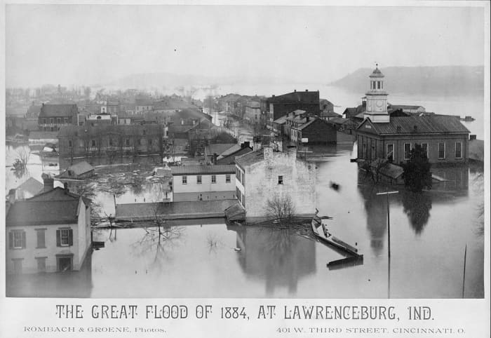The Great Flood of 1884, at Lawrenceburg, Indiana. Note the flooding of the city hall, which may very well have resulted in a loss of records.