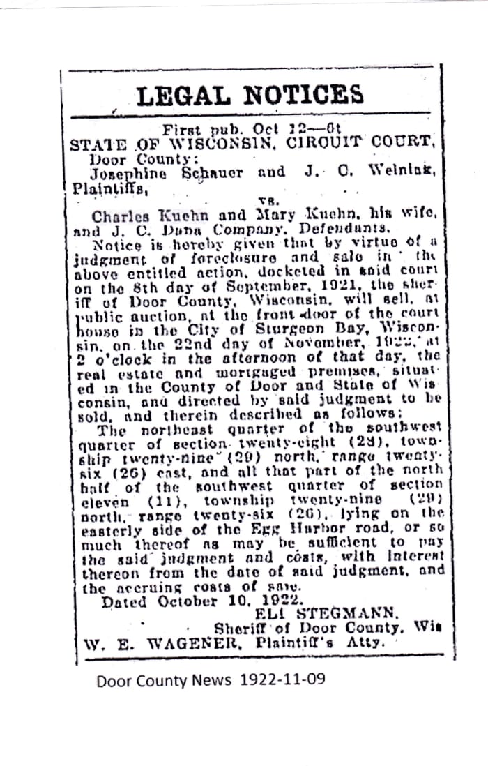 Legal notice regarding my grandfather Charles August Kuehn mortgaged farm's foreclosure.