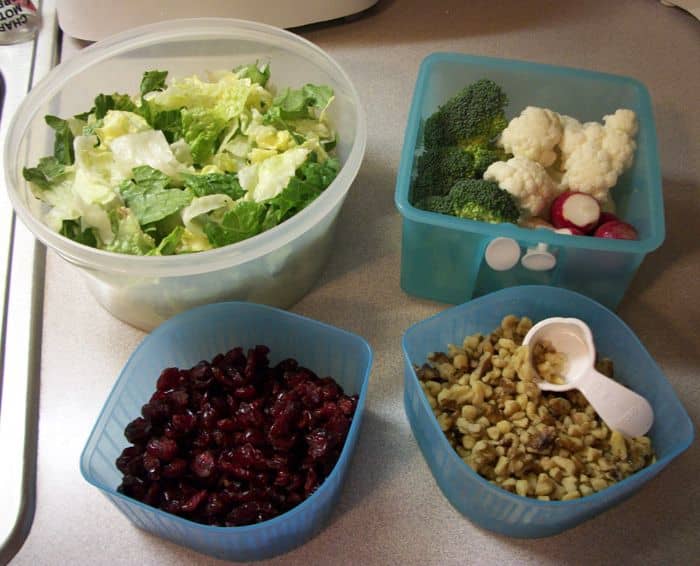 I like to keep everything already prepared in the fridge. It makes it quick and easy to make this salad. I start by setting everything out on the counter.