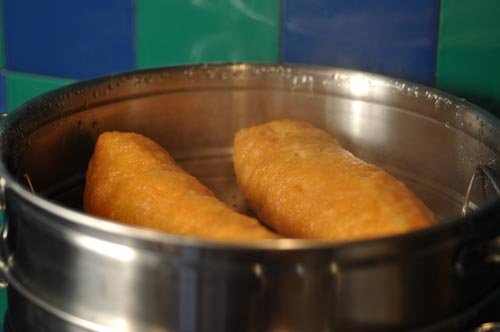 Prawn dough rolls soon after steamer lid is removed. 