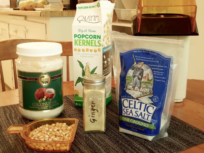 Here are the ingredients for Asian popcorn: coconut oil, ginger, sea salt.