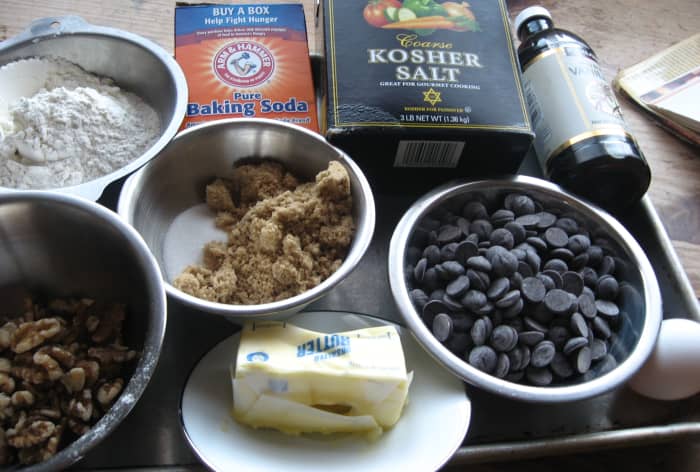 Your cookie batter mise en place (i.e., get everything in place and organized so you don't forget anything or make an error in weighing or measuring ingredients).