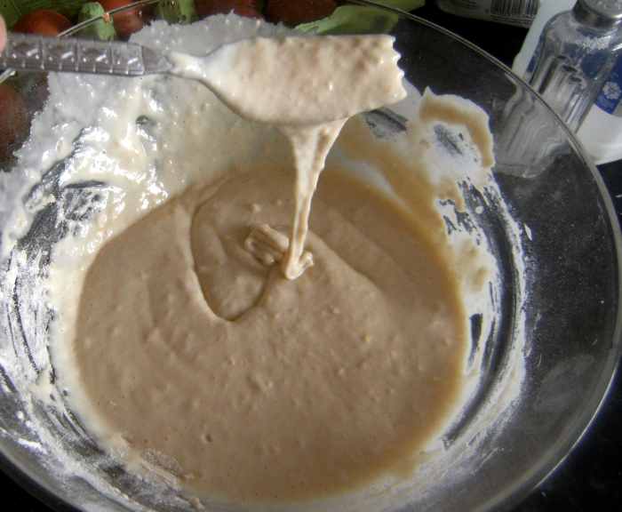 The batter mixture should be sticky but not too thick.