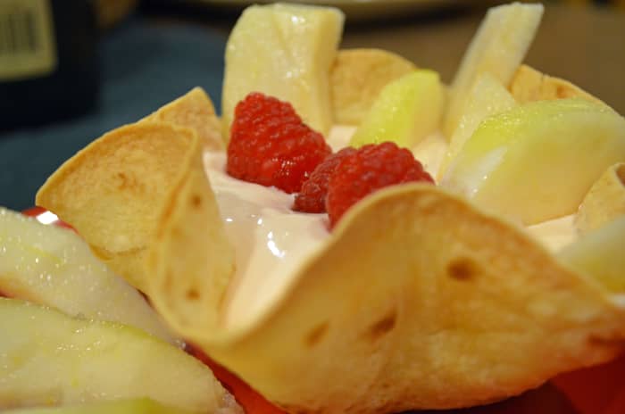 Use tortilla bowls for fruit desserts such as cream cheese dip with slices of pears.
