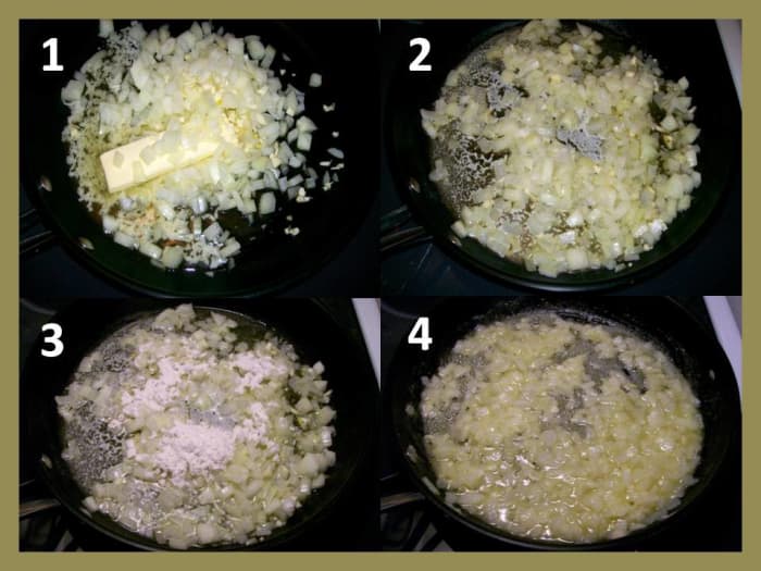 Making the Roux 1. Melt butter and add onions and garlic. 2. Stir until translucent. 3. Slowly add flour. 4. Stir until thick, then add to the soup pot.