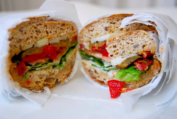 Vegetarian sub: Japanese eggplant, artichoke hearts, sun-dried tomatoes, roasted red peppers, mozzarella cheese, lettuce and goddess dressing on wheat
