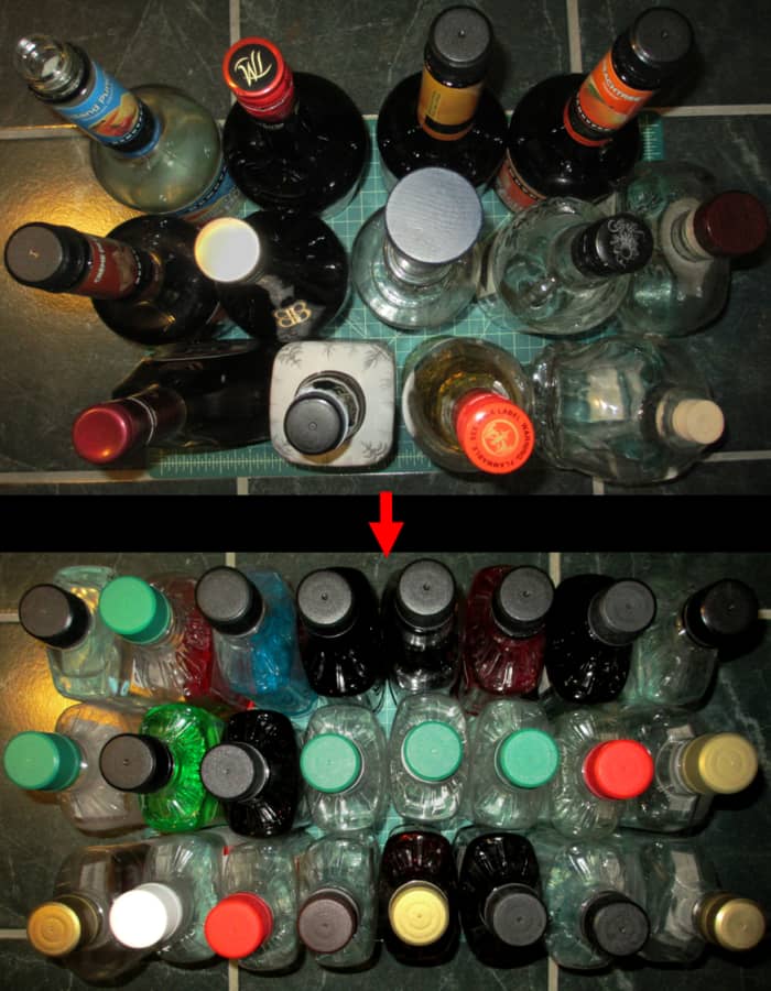 By laying out 750 ml bottles purchased from the store on a green mat, you can see how it only fits 13 different types of alcohol, compared to 24 types when transferred into the tall, flat, plastic 750 ml bottles.