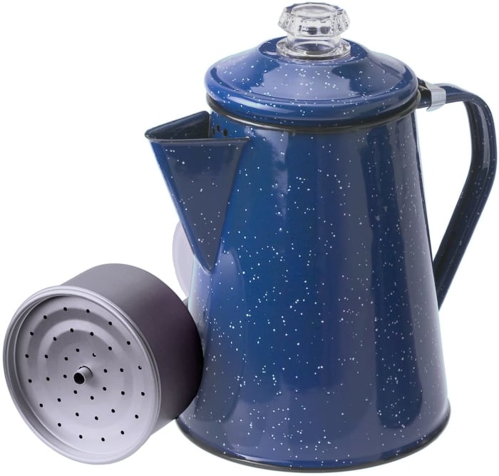 GSI Outdoors 8 Cup Enamelware Percolator for Coffee. An excellent brewer for camping trips and outdoor use.