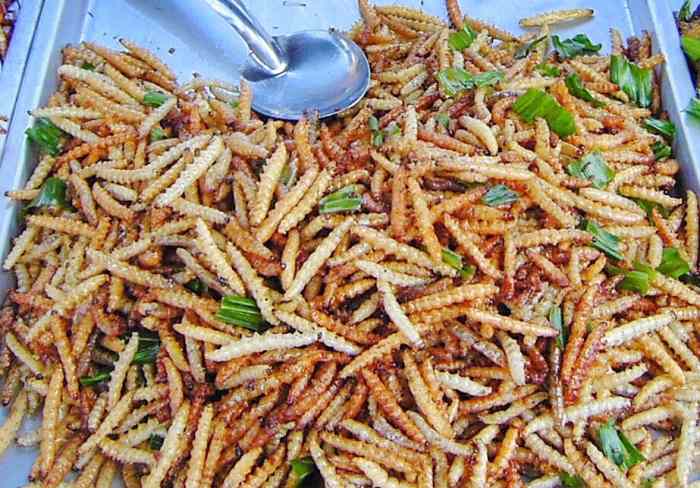 These deep-fried bamboo worms are the larval form of a moth called the bamboo borer.