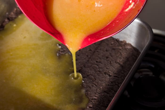 Mix together the filling ingredients and pour over the crust. Then bake another 25-30 minutes.