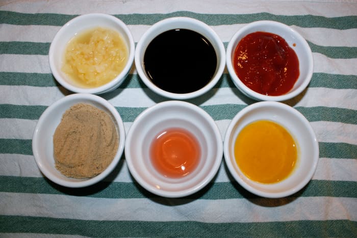 The ingredients listed above: crushed pineapple, catsup, soy sauce, red wine vinegar, brown sugar, and orange juice concentrate