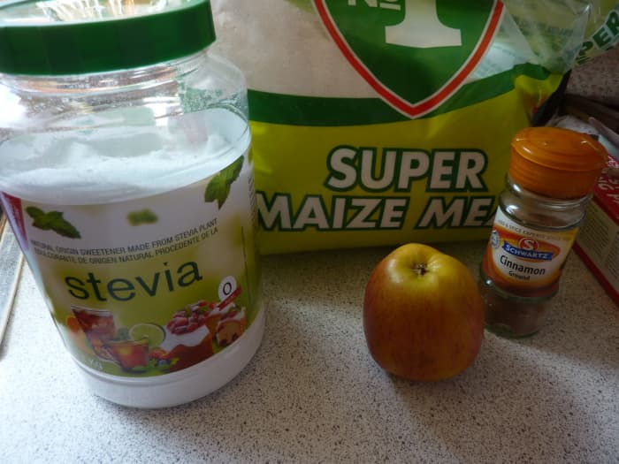 These are the main ingredients for this recipe. I forgot to show the butter, salt and water and you would do better with two apples but these are the main ones.