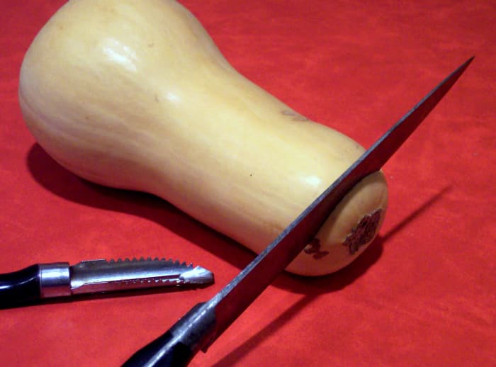 If you are not purchasing already peeled squash, simply cut off the end then, using a paring knife or a potato peeler, peel off the outside skin. One large squash should do.