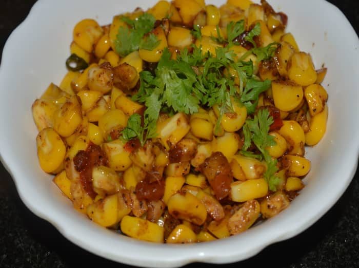 Crunchy and yummy sweet corn stir-fry is ready to eat! Garnish with finely chopped coriander leaves. Enjoy!